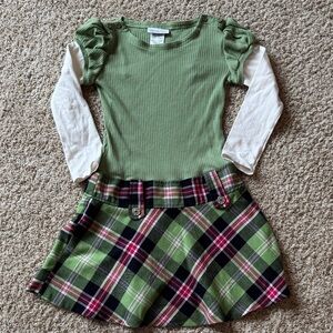 Bonnie Jean Light Green Ribbed Top and Plaid Skirt Set